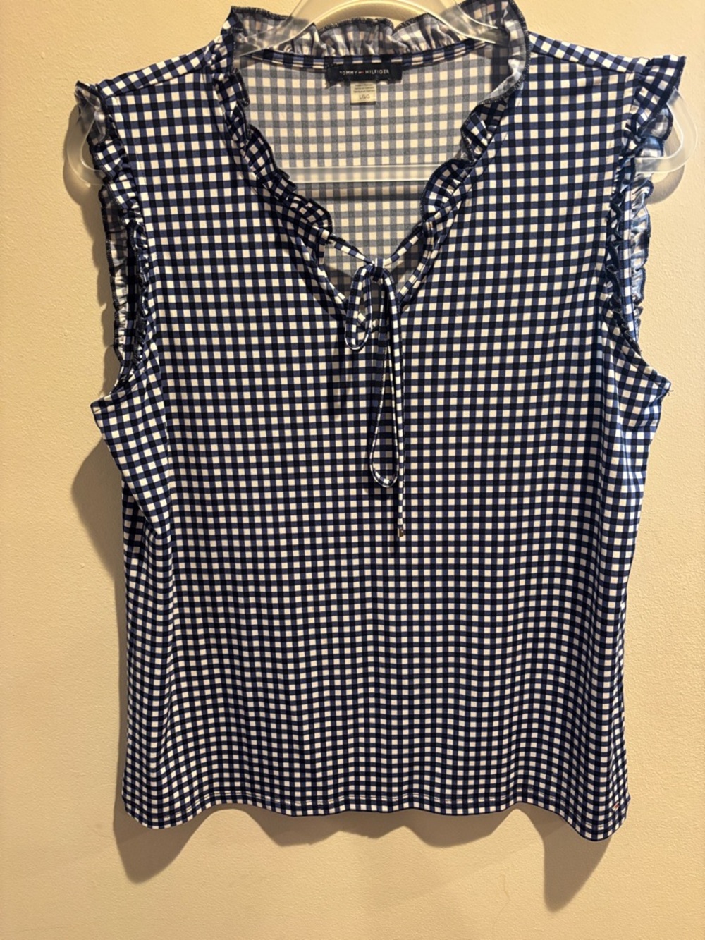 Tommy Hilfiger Navy and White Gingham Ruffle Tie-Front Sleeveless Top
